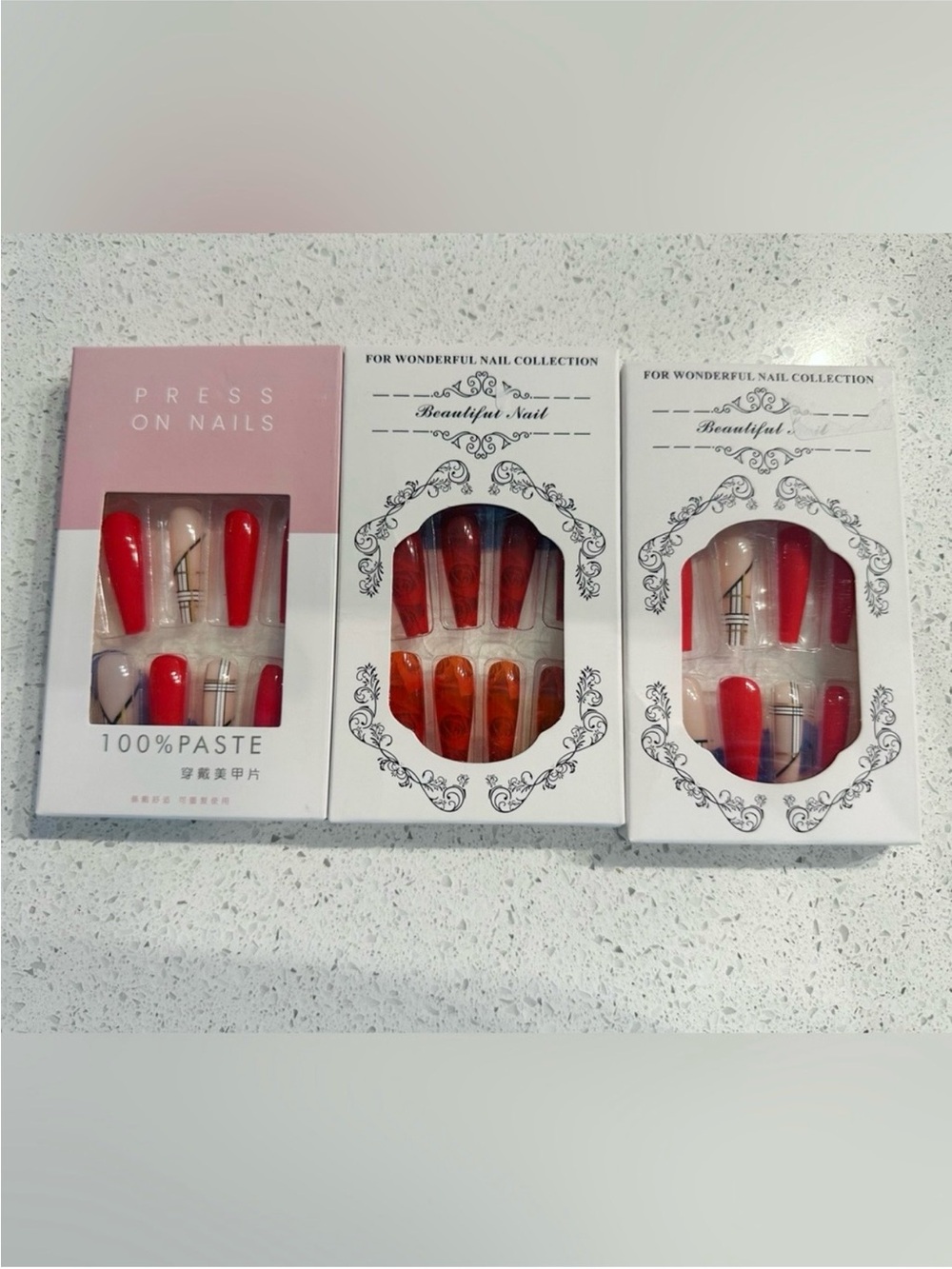 3 Press On Nails Red Ombre & Nude Set - Collection